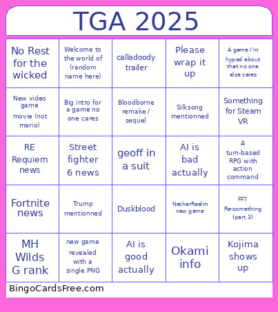 Games Awards Bingo Card