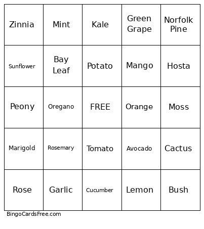 Garden Bingo Card