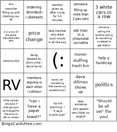 Gas Station Bingo Card