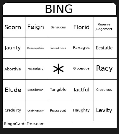 Gasby Vocab 1 Honors Bingo Card