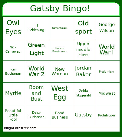 Gatsby Chapters 1-3 Bingo Card
