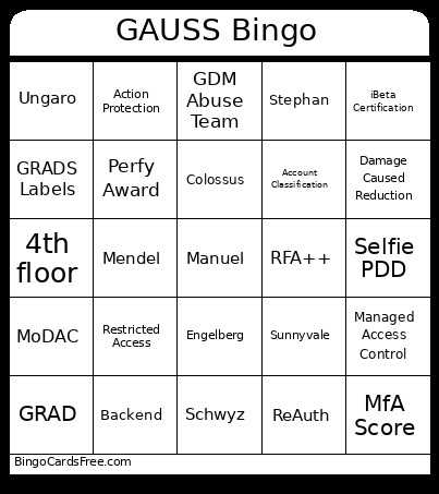 GAUSS Bingo Card