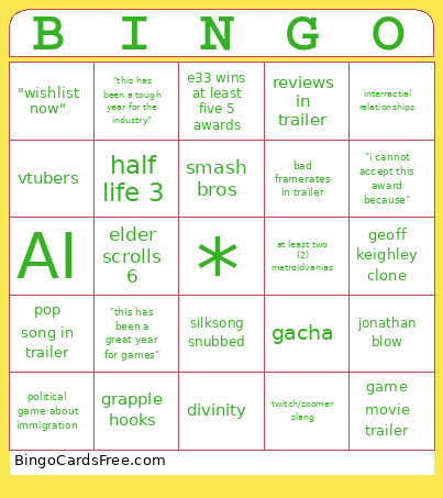 Gay Awards Bingo Card