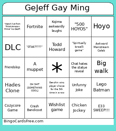 Gay Ming Awards Bingo Card