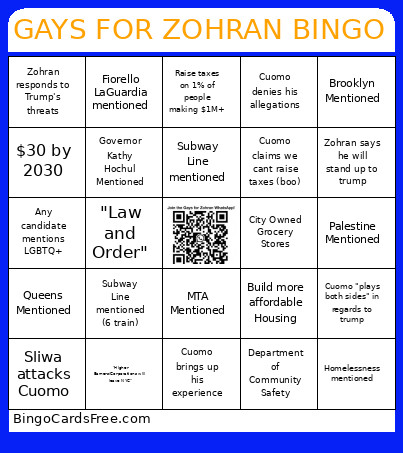 Gays For Zohran 2.0 Bingo Card