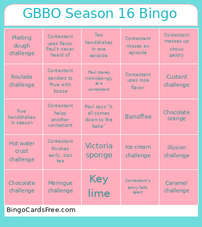 GBBO Season 16 Bingo Card