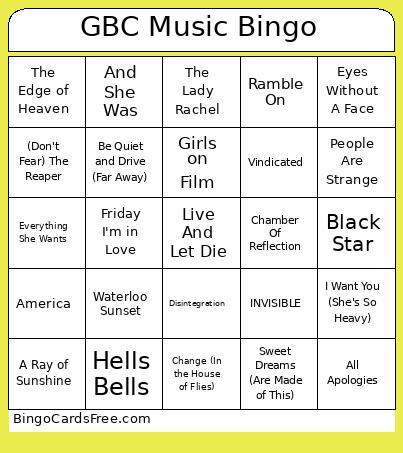 GBC Music 2 Bingo Card