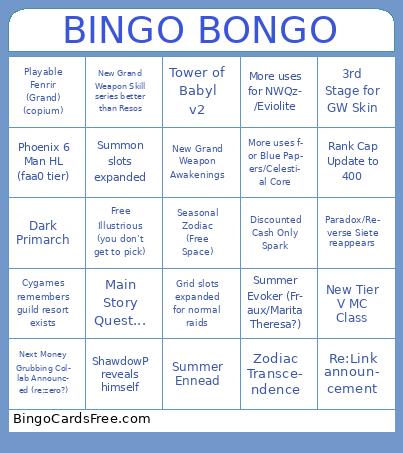 GBF Anniversary Stream Bingo Cards Free Pdf Printable Game, Title: BINGO BONGO