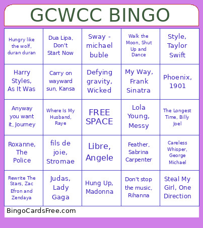 GCWCC Bingo Card