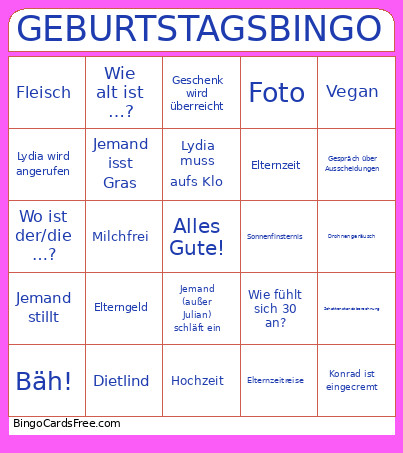 Geburtstags Bingo Card