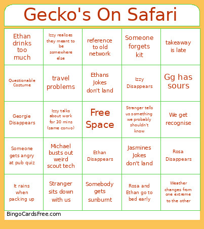 Geckos Camp Bingo Card