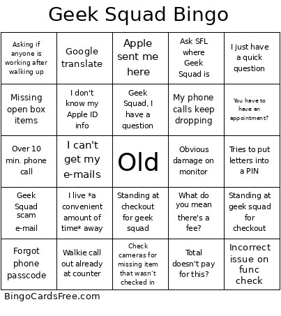Geek Squad Bingo Card