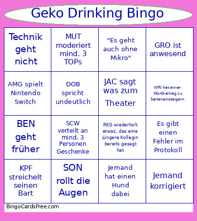 Geko Drinking Bingo Card