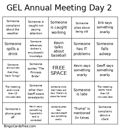 GEL Annual Meeting Day 2 Bingo Card