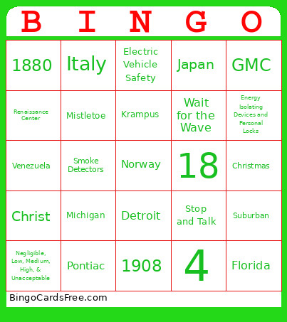 General Motors Christmas Bingo Card