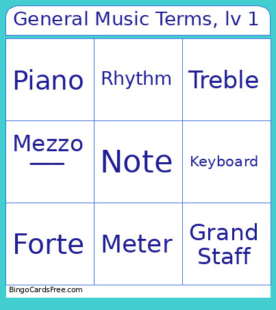 General Music Terms, Lv 1 Bingo Card