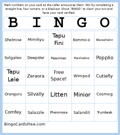 Generation 7 Bingo Card