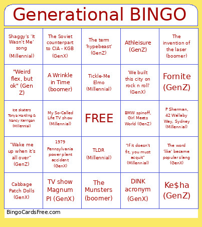 Generational Bingo Card