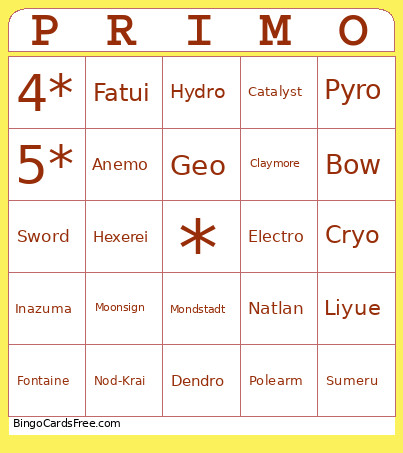 Genshin Bingo Card