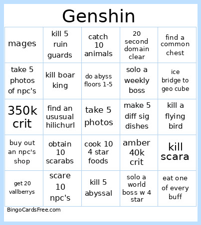 Genshin Bingo Card