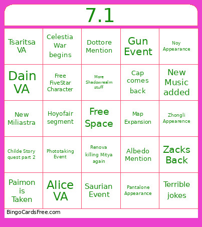 Genshin 7.1 Bingo Card