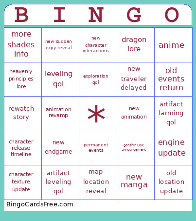 Genshin Luna I Livedstream Bingo Card