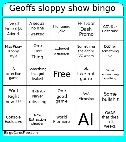 Geoffs Sloppy Show Bingo Card