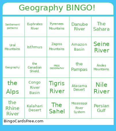 Geography ! Bingo Card