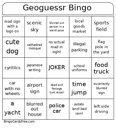 Geoguessr Bingo Card