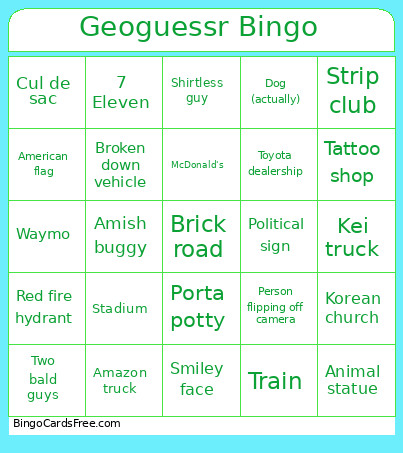 Geoguessr Bingo Card