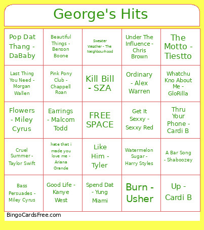 George's Hits Bingo Card