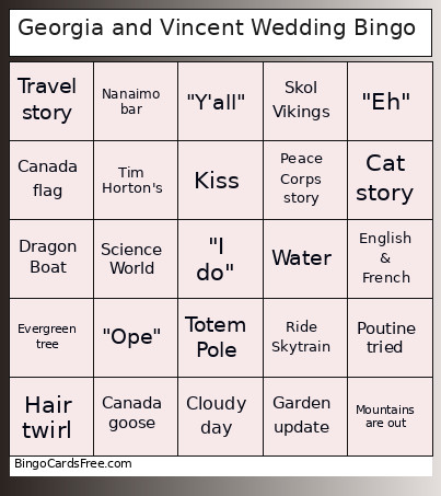 Georgia And Vincent Wedding Bingo Card