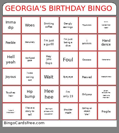 GEORGIA'S BIRTHDAY Bingo Card