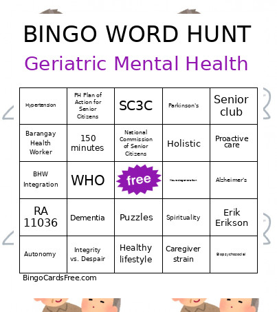 Geriatric Mental Health Bingo Card