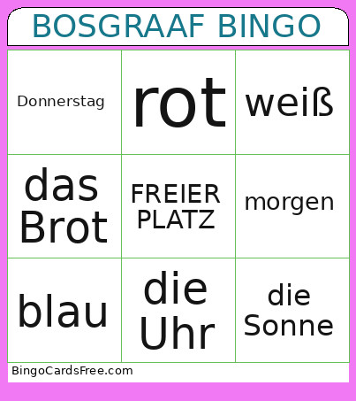 German Basics 2. Klasse Bingo Card