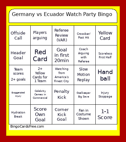 Germany Vs Ecuador Watch Party Bingo Card