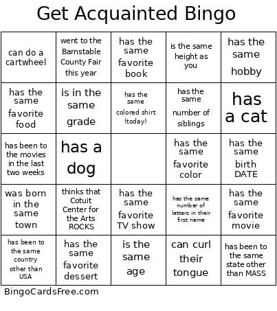 Get Acquainted Bingo Card