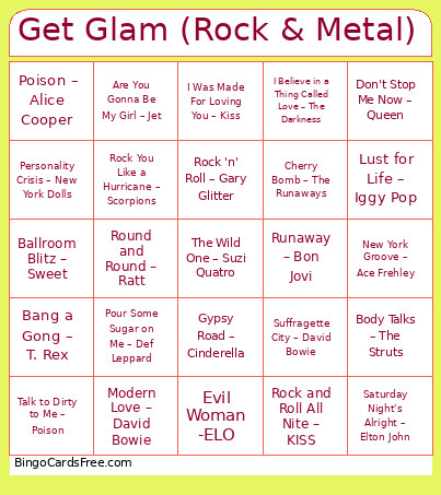 Get Glam (Rock & Metal) Bingo Card