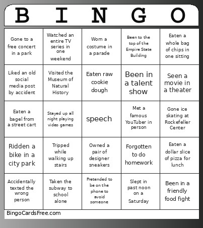 Get To Kno You NYC Bingo Card