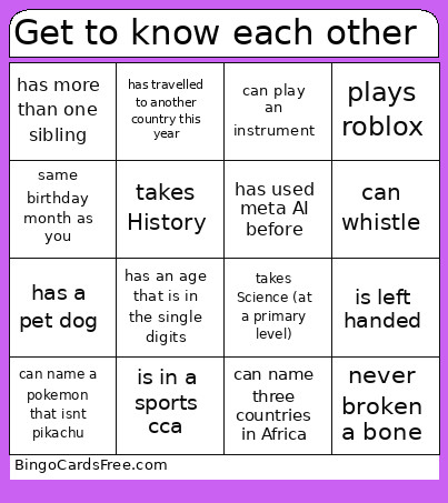 Get To Know Each Other Bingo Card