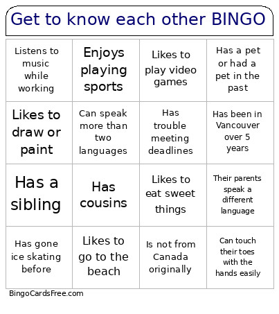 Get To Know Each Other Bingo Card