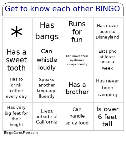 Get To Know Each Other Bingo Card