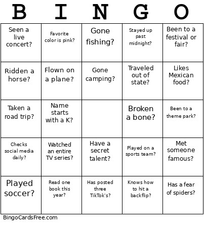 GET TO KNOW ME Bingo Card