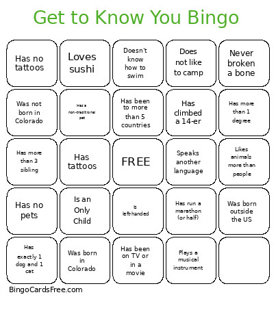 Get To Know You Bingo Card
