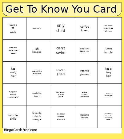 Get To Know You Bingo Card