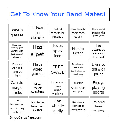 Get To Know Your Band Mates! Bingo Card