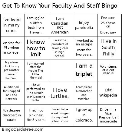Get To Know Your Faculty And Staff Bingo Card