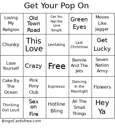 Get Your Pop On Bingo Card