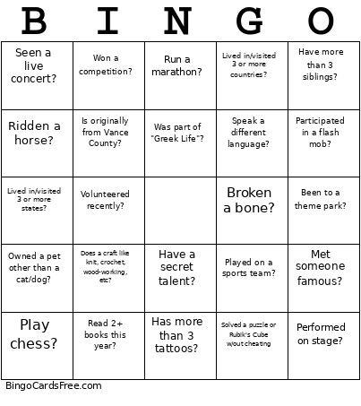 Getting To Know You Bingo Card