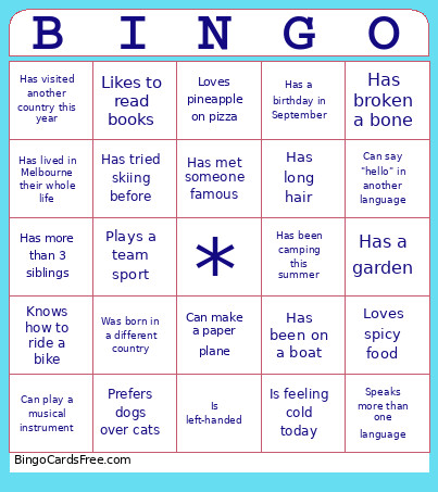 Getting To Know You Bingo Card